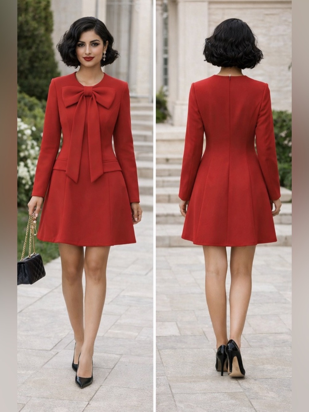 Bow-Tie Red Long-Sleeve A-Line Dress